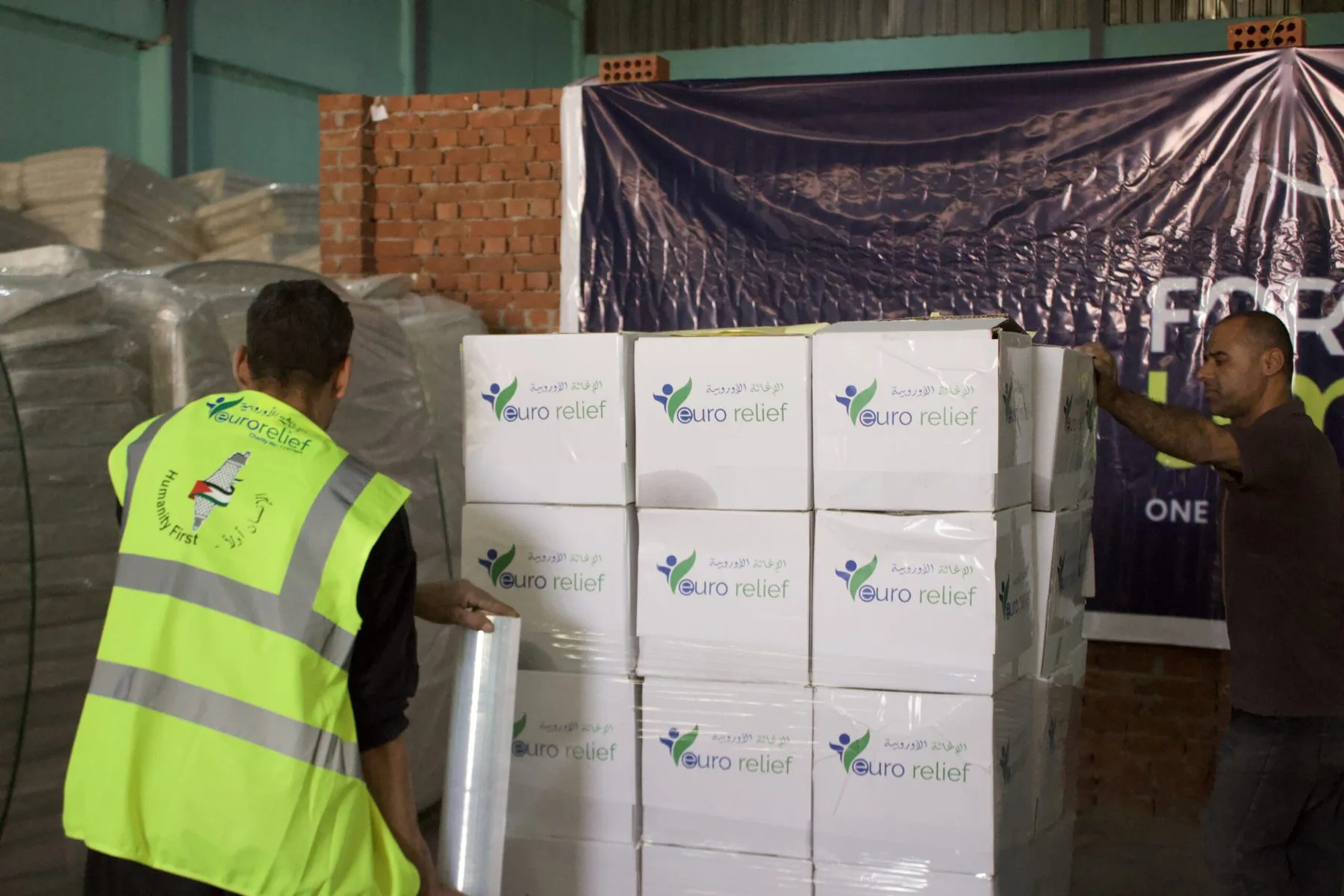 Pallets of food boxes ready for distribution
